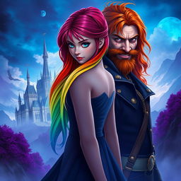 Raimbelle, a girl with long, flowing hair featuring the seven colors of the rainbow, stands with her back to the viewer, casting a piercing glare over her shoulder
