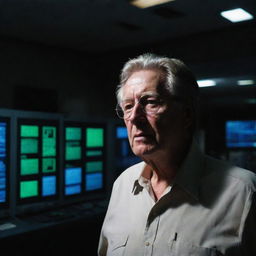 Generate an image of John Hammond entering the dark, eerie silence of the control room, his astonished face lit by the weak glow of the emergency lights as he discovers the shutdown state of the computer systems.