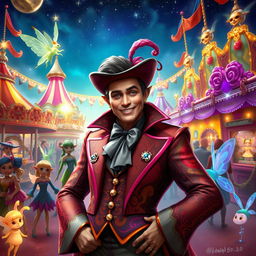 An enchanting scene depicting a charismatic carnival boss in the whimsical Feywilds, showcasing extravagant attire with bold, colorful patterns and sparkling embellishments