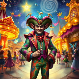 An enchanting scene depicting a charismatic carnival boss in the whimsical Feywilds, showcasing extravagant attire with bold, colorful patterns and sparkling embellishments