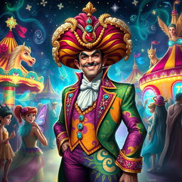 An enchanting scene depicting a charismatic carnival boss in the whimsical Feywilds, showcasing extravagant attire with bold, colorful patterns and sparkling embellishments