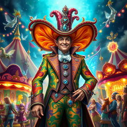 An enchanting scene depicting a charismatic carnival boss in the whimsical Feywilds, showcasing extravagant attire with bold, colorful patterns and sparkling embellishments