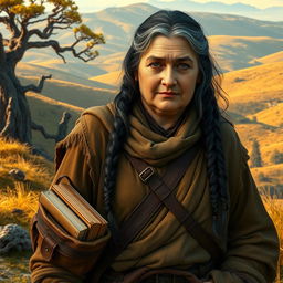 An older, chubby female Dunedain wanderer, embodying a sense of wisdom and adventure