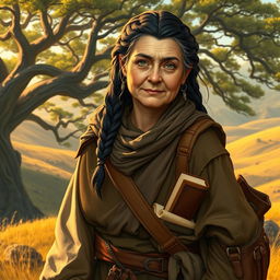 An older, chubby female Dunedain wanderer, embodying a sense of wisdom and adventure