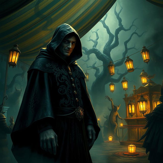 A mysterious scene set in the shadowy corners of the Feywilds featuring a shady carnival boss, cloaked in dark, ornate attire with intricate embroidery that glimmers faintly in the low light