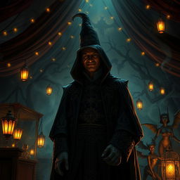 A mysterious scene set in the shadowy corners of the Feywilds featuring a shady carnival boss, cloaked in dark, ornate attire with intricate embroidery that glimmers faintly in the low light