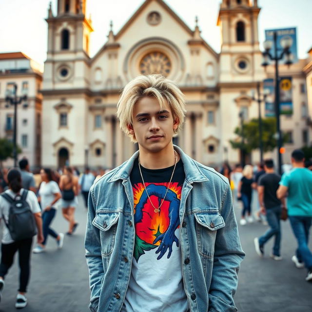 A realistic image of a 25-year-old male rapper with blonde hair, standing confidently in Praça da Sé, São Paulo, Brazil