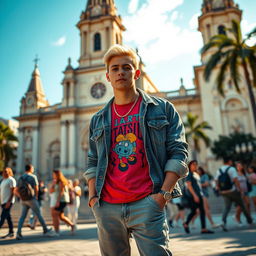 A realistic image of a 25-year-old male rapper with blonde hair, standing confidently in Praça da Sé, São Paulo, Brazil