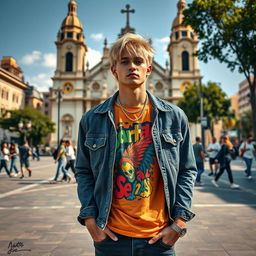 A realistic image of a 25-year-old male rapper with blonde hair, standing confidently in Praça da Sé, São Paulo, Brazil