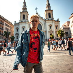 A realistic image of a 25-year-old male rapper with blonde hair, standing confidently in Praça da Sé, São Paulo, Brazil