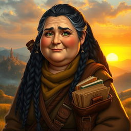 A middle-aged, chubby female Dunedain wanderer, exuding an aura of wisdom and warmth