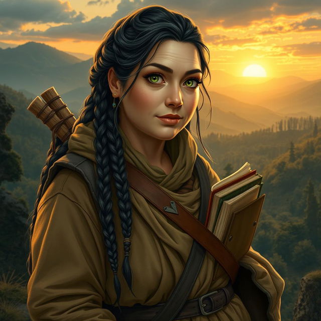 A middle-aged, chubby female Dunedain wanderer, exuding an aura of wisdom and warmth