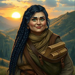A middle-aged, chubby female Dunedain wanderer, exuding an aura of wisdom and warmth