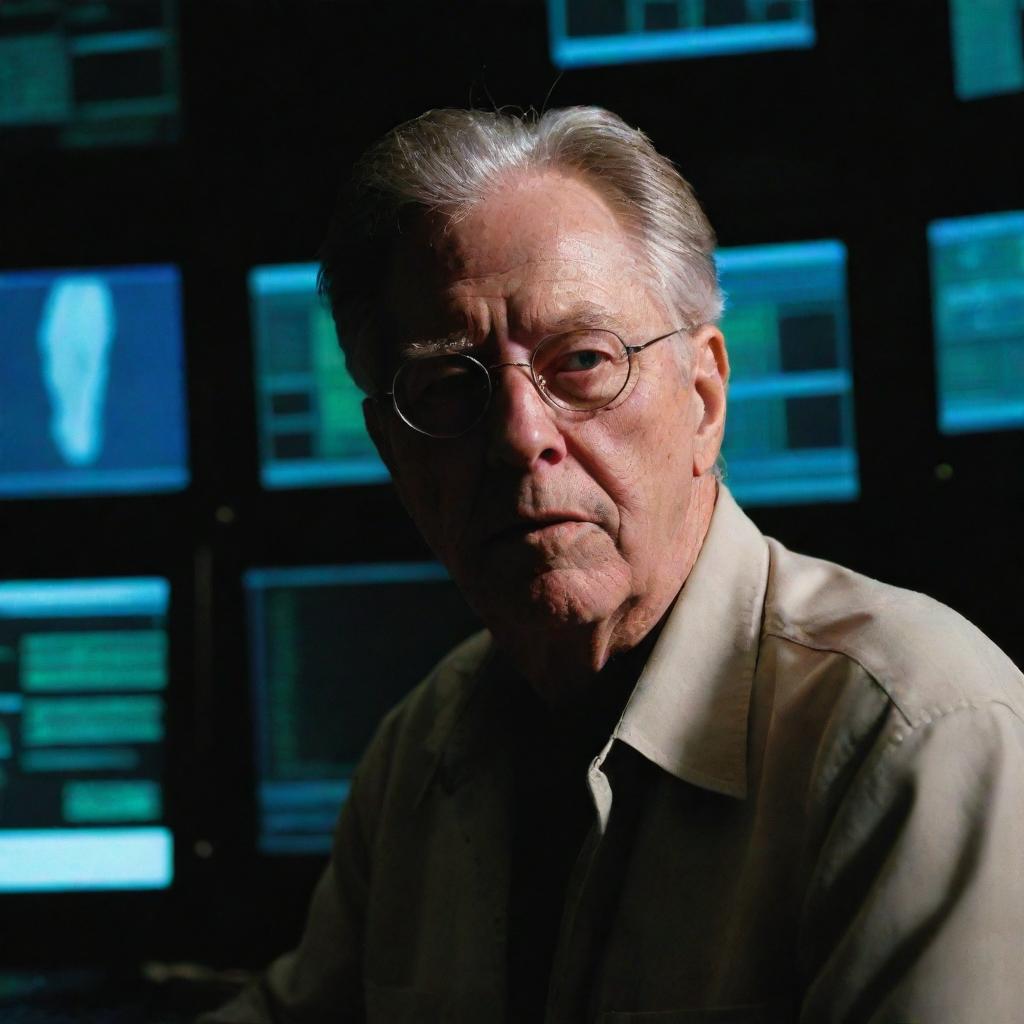 Craft an image of John Hammond in the shadowy control room, observing a flicker of life in one of the computer systems, his determined face bathed in the soft glow of the monitor.