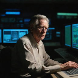 Craft an image of John Hammond in the shadowy control room, observing a flicker of life in one of the computer systems, his determined face bathed in the soft glow of the monitor.