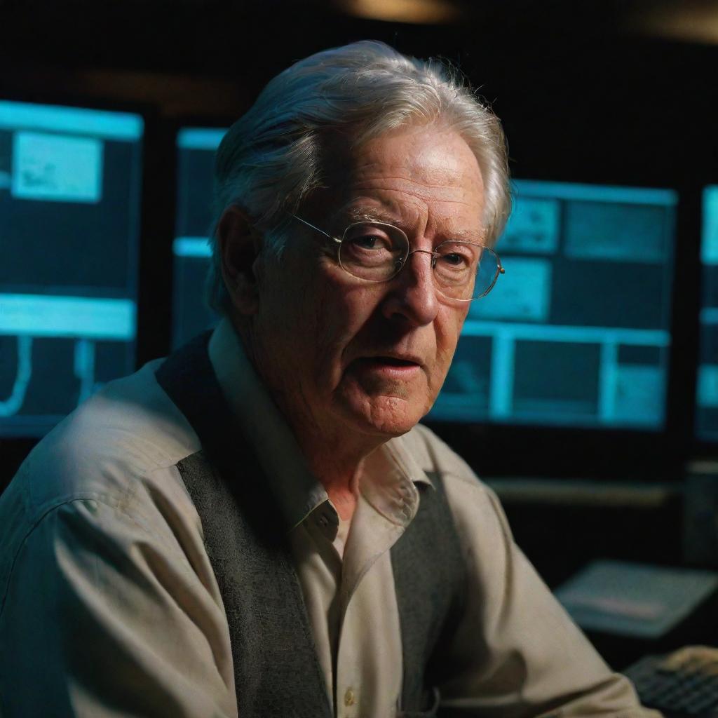 Craft an image of John Hammond in the shadowy control room, observing a flicker of life in one of the computer systems, his determined face bathed in the soft glow of the monitor.