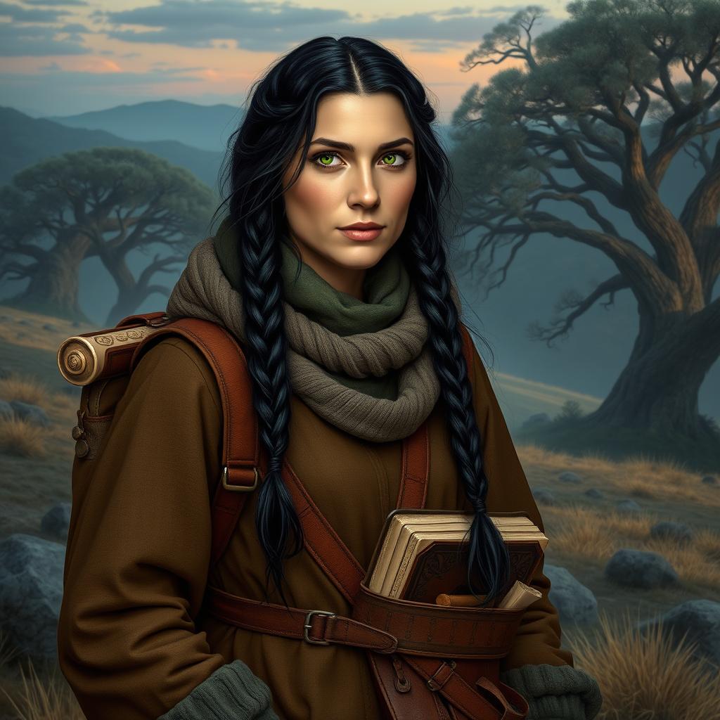 A middle-aged female Dunedain wanderer, snug in her layered, comfortable attire that embraces both warmth and practicality