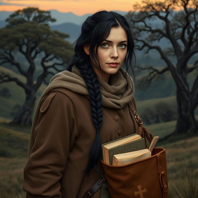 A middle-aged female Dunedain wanderer, snug in her layered, comfortable attire that embraces both warmth and practicality