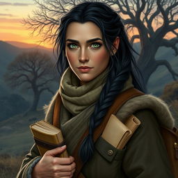 A middle-aged female Dunedain wanderer, snug in her layered, comfortable attire that embraces both warmth and practicality
