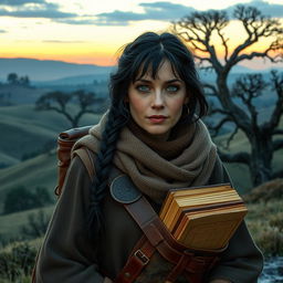 A middle-aged female Dunedain wanderer, snug in her layered, comfortable attire that embraces both warmth and practicality