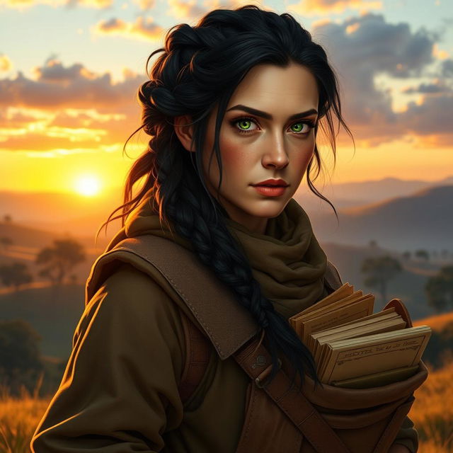 A middle-aged female Dunedain wanderer with a robust build, exuding strength and wisdom