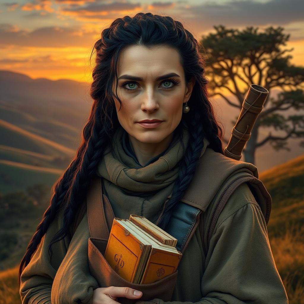 A middle-aged female Dunedain wanderer with a robust build, exuding strength and wisdom