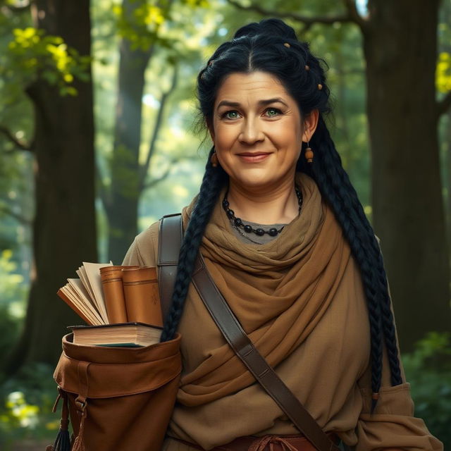 A middle-aged, chubby female Dunedain wanderer, radiating warmth and wisdom