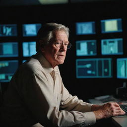 Craft an image of John Hammond in the shadowy control room, observing a flicker of life in one of the computer systems, his determined face bathed in the soft glow of the monitor.