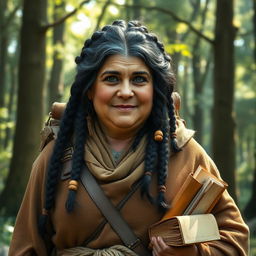A middle-aged, chubby female Dunedain wanderer, radiating warmth and wisdom