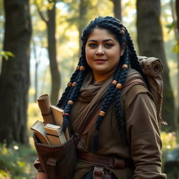 A middle-aged chubby female Dunedain wanderer, exuding warmth and wisdom