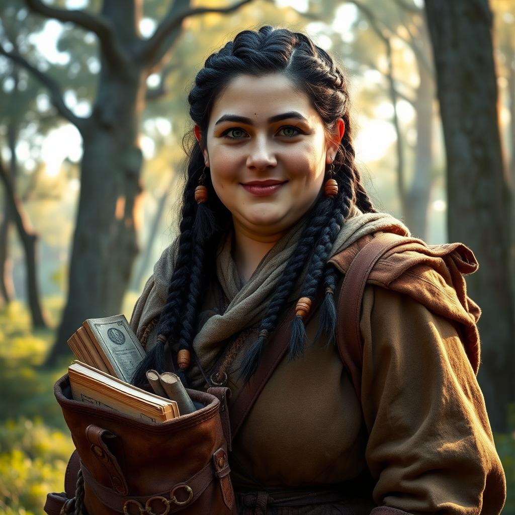 A middle-aged chubby female Dunedain wanderer, exuding warmth and wisdom