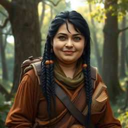 A middle-aged chubby female Dunedain wanderer, exuding warmth and wisdom
