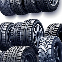 A detailed illustration of various types of tires displayed in a creative and organized manner