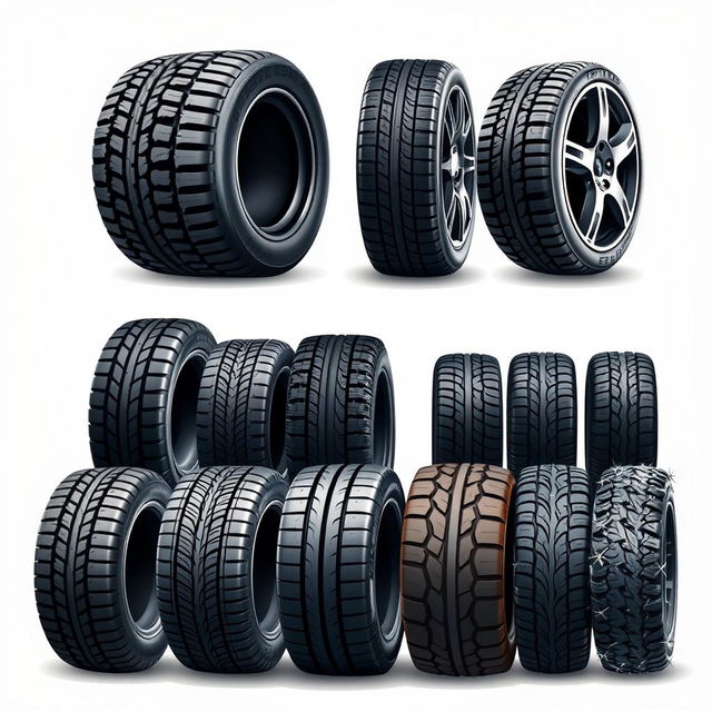 A detailed illustration of various types of tires displayed in a creative and organized manner