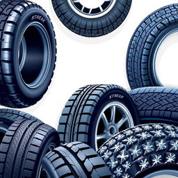 A detailed illustration of various types of tires displayed in a creative and organized manner