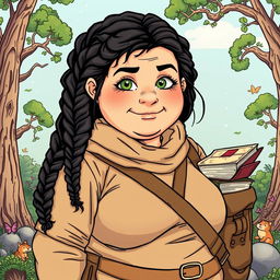 A comic-style illustration of a middle-aged, chubby female Dunedain wanderer, filled with vibrant colors and dynamic lines