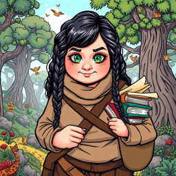 A comic-style illustration of a middle-aged, chubby female Dunedain wanderer, filled with vibrant colors and dynamic lines