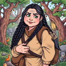 A comic-style illustration of a middle-aged, chubby female Dunedain wanderer, filled with vibrant colors and dynamic lines