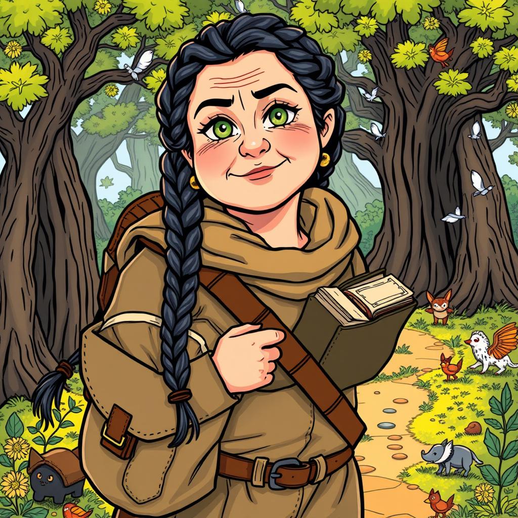 A comic-style illustration of a middle-aged, chubby female Dunedain wanderer, filled with vibrant colors and dynamic lines