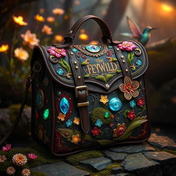 A beautifully crafted satchel from the Feywilds, adorned with intricate designs inspired by nature, featuring vibrant colors, shimmering fabrics, and whimsical patterns
