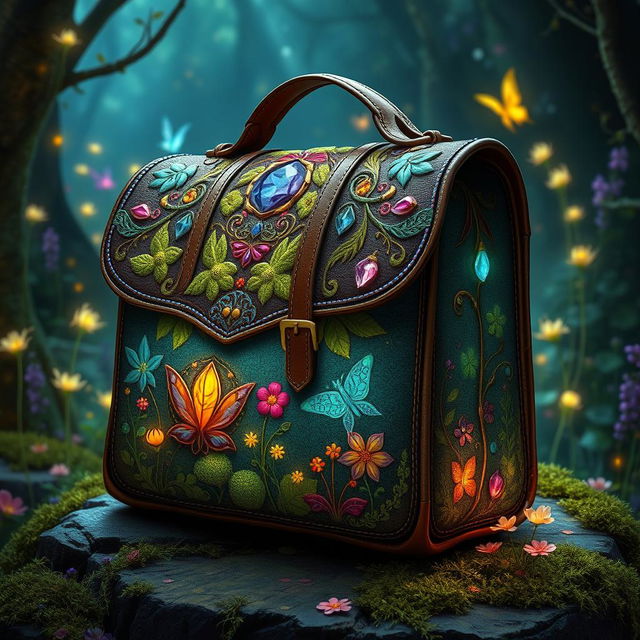 A beautifully crafted satchel from the Feywilds, adorned with intricate designs inspired by nature, featuring vibrant colors, shimmering fabrics, and whimsical patterns