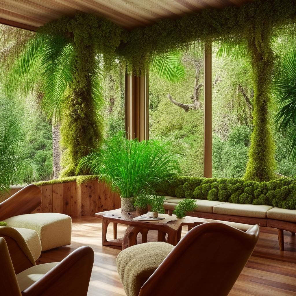 A room styled with influence from nature, featuring natural wood furniture, green palm plants, mossy wall decor, and sunny, large windows overlooking a scenic forest.