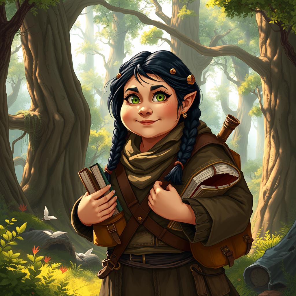 A middle-aged, chubby female Dunedain wanderer in a vibrant, fantasy-inspired art style