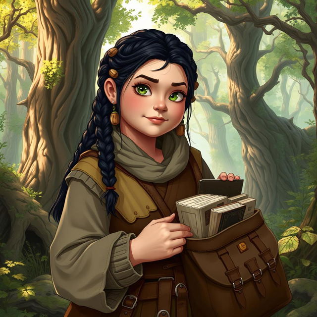 A middle-aged, chubby female Dunedain wanderer in a vibrant, fantasy-inspired art style