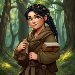 A middle-aged, chubby female Dunedain wanderer in a vibrant, fantasy-inspired art style