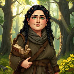 A middle-aged, chubby female Dunedain wanderer in a vibrant, fantasy-inspired art style