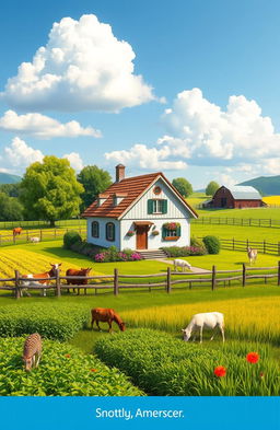 A charming agricultural landscape featuring a traditional farmhouse surrounded by lush green fields, vibrant crops, and a protective fence
