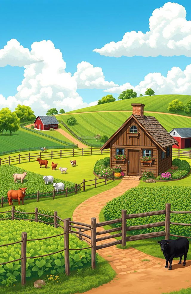 A charming agricultural landscape featuring a traditional farmhouse surrounded by lush green fields, vibrant crops, and a protective fence