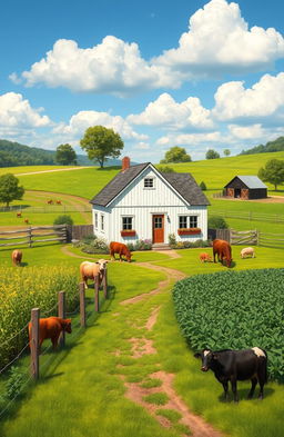 A charming agricultural landscape featuring a traditional farmhouse surrounded by lush green fields, vibrant crops, and a protective fence