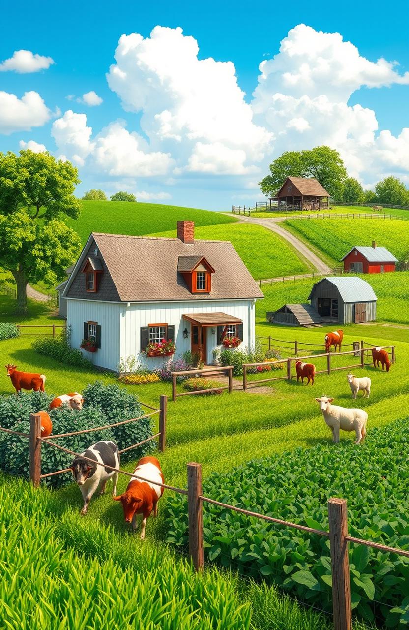 A charming agricultural landscape featuring a traditional farmhouse surrounded by lush green fields, vibrant crops, and a protective fence